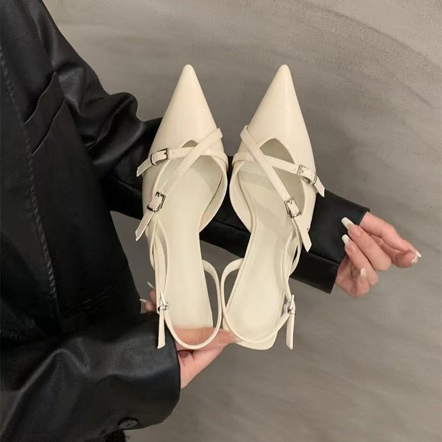 High Heeled Shoes For Women In Spring And Summer 2025 New Retro Style With Pointed Toes, Thin Heels, Belt Buckle Toe Closure Single Shoes With Skirts 