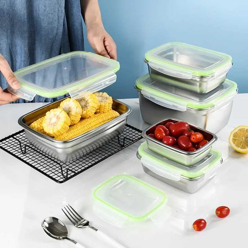 304 Stainless Steel Lunch Box with Lid Fresh-keeping Box Sealed Fruit LeakProof Container Bento Refrigerated Storage KitchenwareM251121