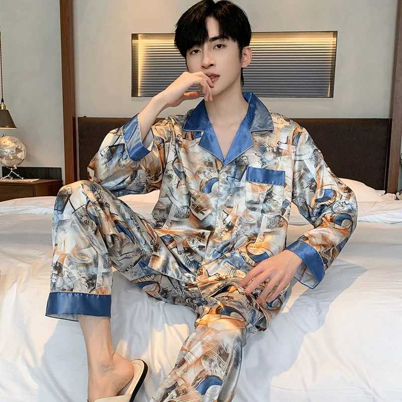 Pajamas Men Spring Summer Thin Ice Silk Luxurious Loose Fitting Home Wear Suit Male Satin Pyjamas Set Night Pajamas Set MenW251121 - view 5
