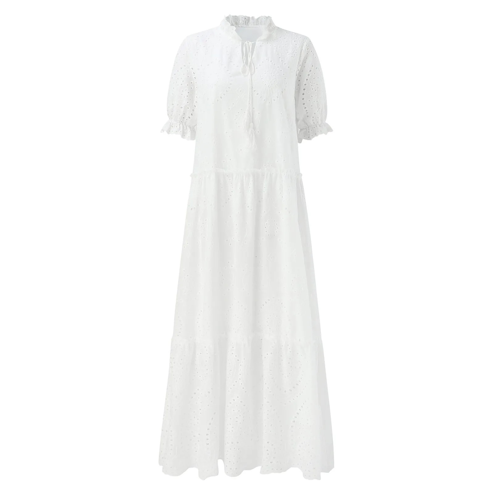 Summer Cotton White Dress For Women Casual Hollow Crochet Bohemian Loose Beach Long Dress Ladies Plus Size Holiday Ruffles Dress250414
