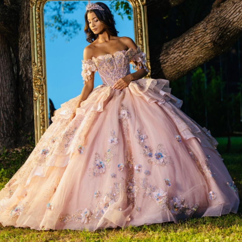 Pink Shiny Quinceanera Dresses Off The Shoulder Applique Flower Beading Crystal Bow Tull Corset Party Birthday Sweet 16 Dres Vestidos 15 Anos