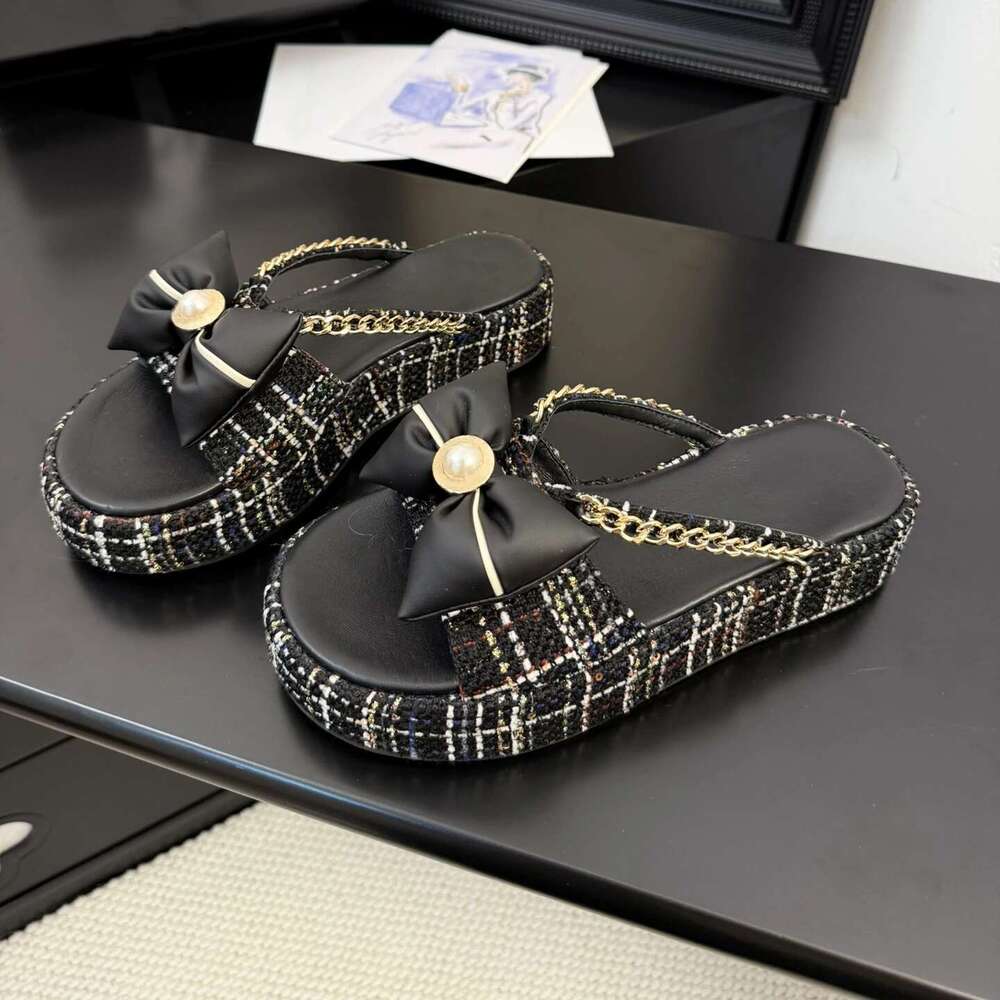 Women Size34-41 Flip-ps Chain Pearls Butterfly Knot Slippers Flat Platform Slides Designer Shoes atillas De Mujer