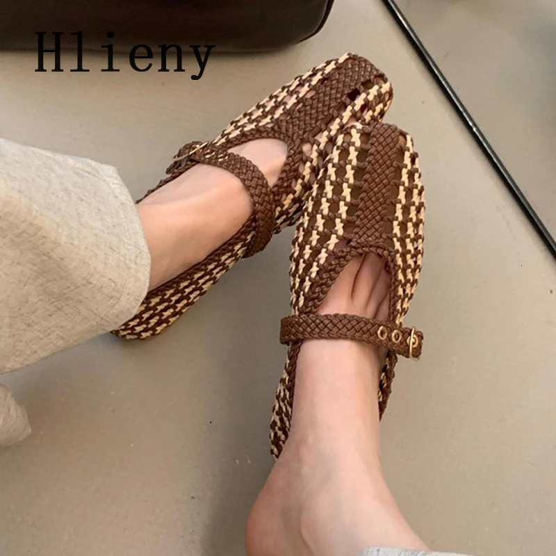 Hlieny n Weave Hemp Woman Loafers Fashion Hollow Out Square Toe Buckle Strap Casual Flat Women Mary Jane Shoes Brown 251121