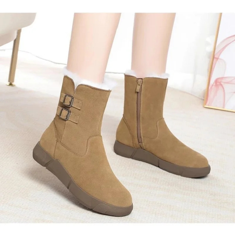 Winter Womens Snow Boots Minimalist Double Buckle Side Zipper FleeceLined Warm MidCalf 251121