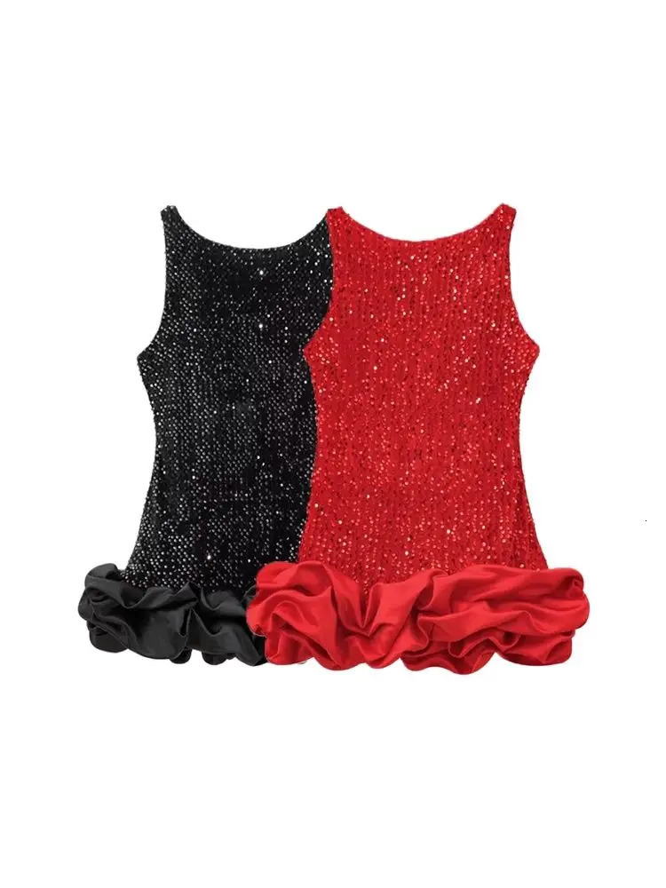 Women Sexy Fashion Matching Voluminous Hem Sequined Mini Dress O Neck Sleeveless Backless Female Dresses Vestidos Mujer 251112