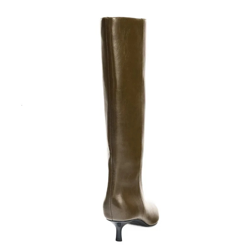 Winter Khaki Green Womens Knee High Boots y ner Leather Pointed Toe Kitten Heels Boot Stylish Knight Women 251121