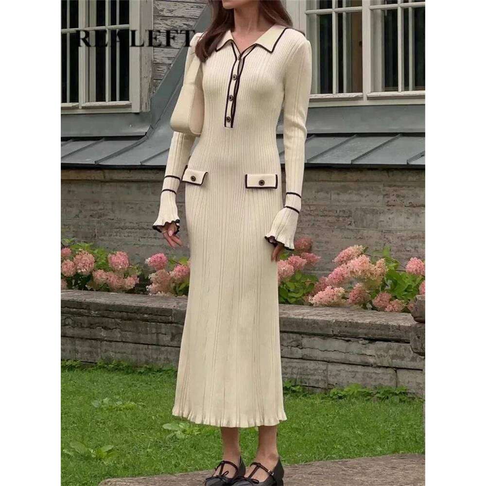 Autumn Winter Elegant Knitted Long Ruffles Dressres New High Waist Buttons Turn-Down Collar Sweater Dresses Female