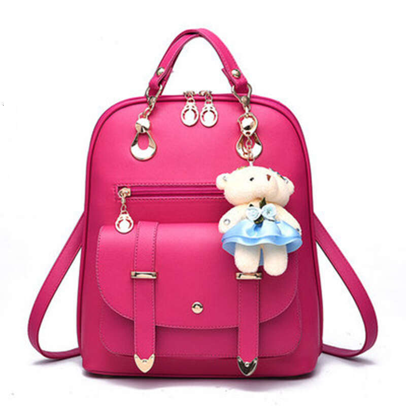 Women's New Korean Trendy Fashion Ladies PU Leather Student Casual Backpack College Style Bear Hanging Bag