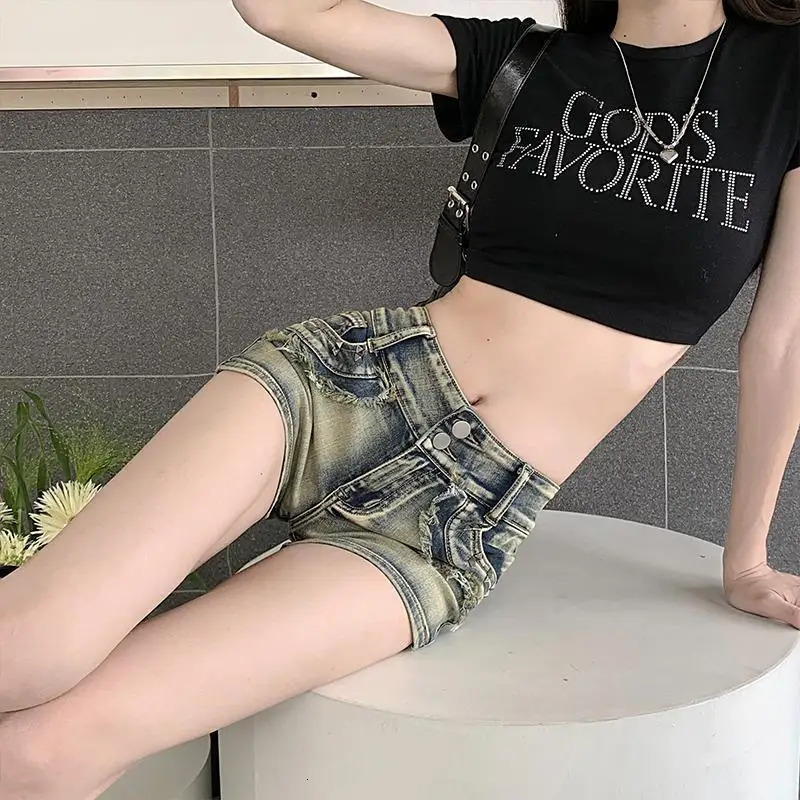 Womens low waist weight loss retro rivet wide leg ultra short tight denim shorts 250414Z