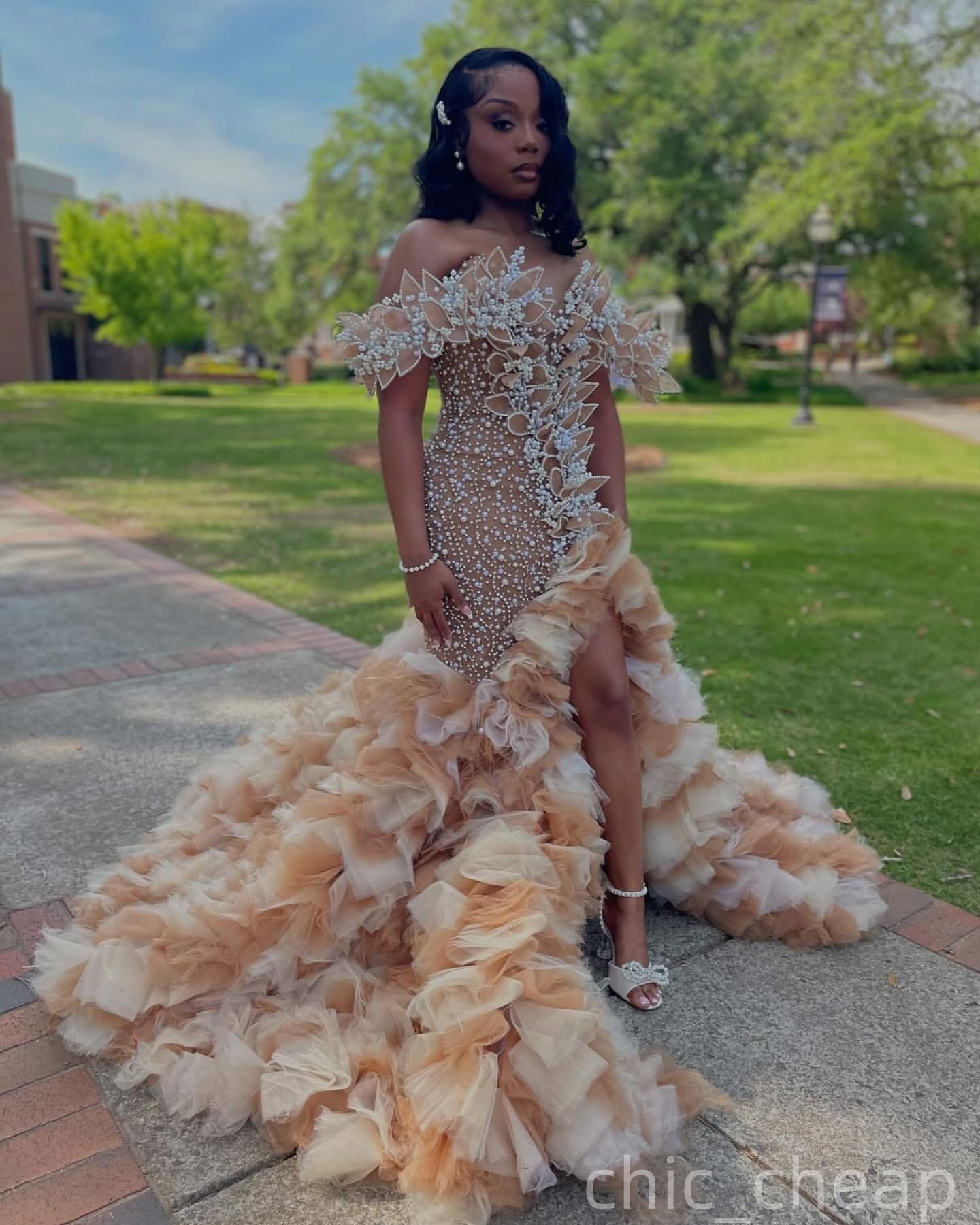 Champagne Mermaid Prom Dresses 2025 Florals Tiers Pearls Evening Formal Party Second Birthday Engagement Gowns Plus Size Dress For Special Occasions