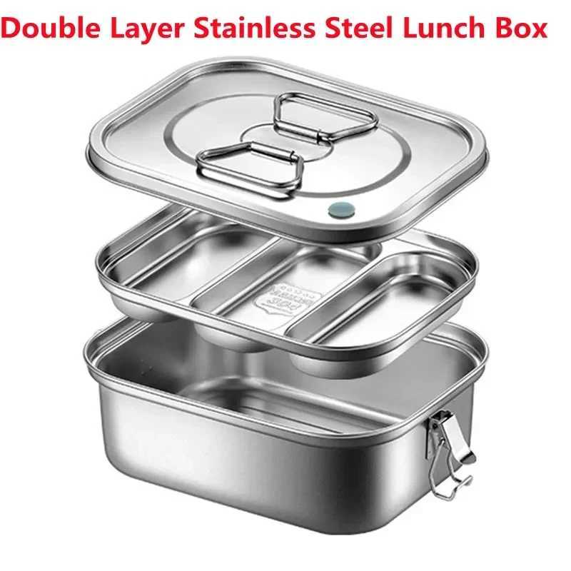 Double Layer Stainless Steel Lunch Box 2/3 Grid Leak-proof Bento Box Strong Tightness For Storing Various Fruits Snack Lunch BoxM251121