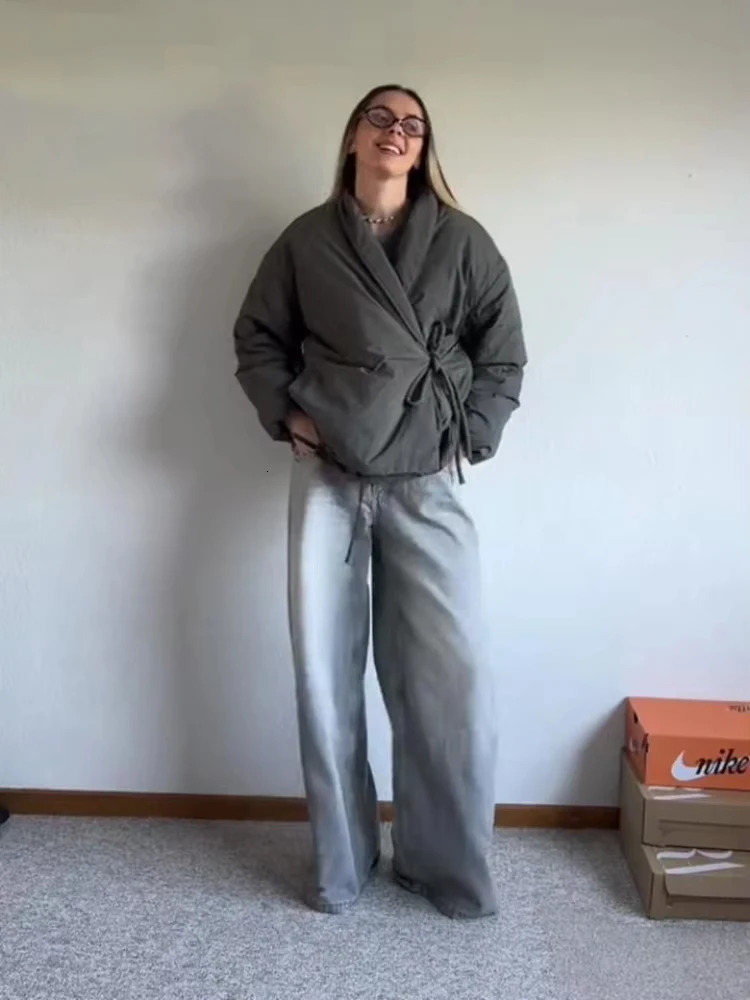 Fashion Lace Up Padded Cotton Jacket Women 2025 Winter Casual Loose Parkas Coat Vintage Outwear Female Warm Quilted Outerwears 251111