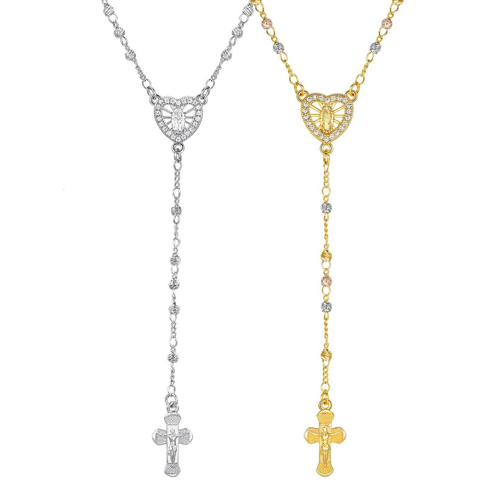 Zirconia Heart Virgin Mary Rosary Bead Cross Necklace for Women Long Chain Cross Pendant Christian Catholic Religious JewelryXJ251121