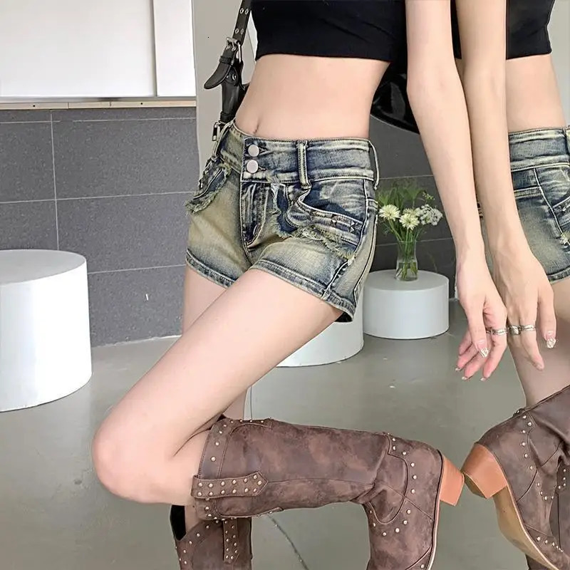 Womens low waist weight loss retro rivet wide leg ultra short tight denim shorts 250414Z
