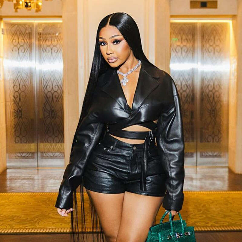 hoodie Women's Wear Autumn New Women's Fashion Lapel V-Neck PU Leather Tight And Sexy Shorts Set jacket