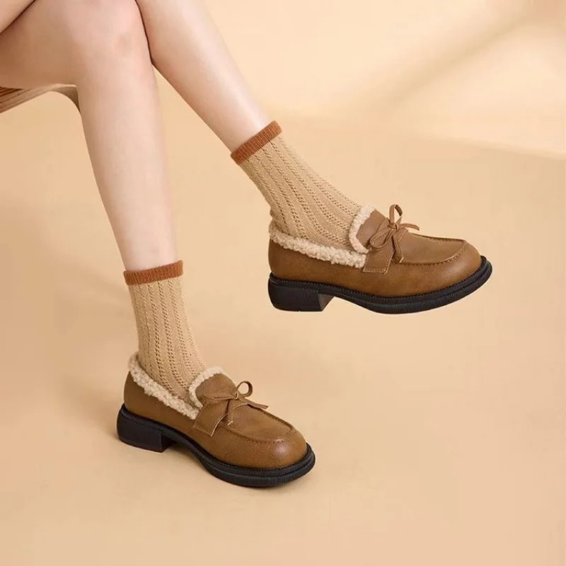 Womens Fur Lined Loafers Round Toe Low Heel Bow Decor SlipOn Bean Shoes Winter Comfort Casual Flats 251121