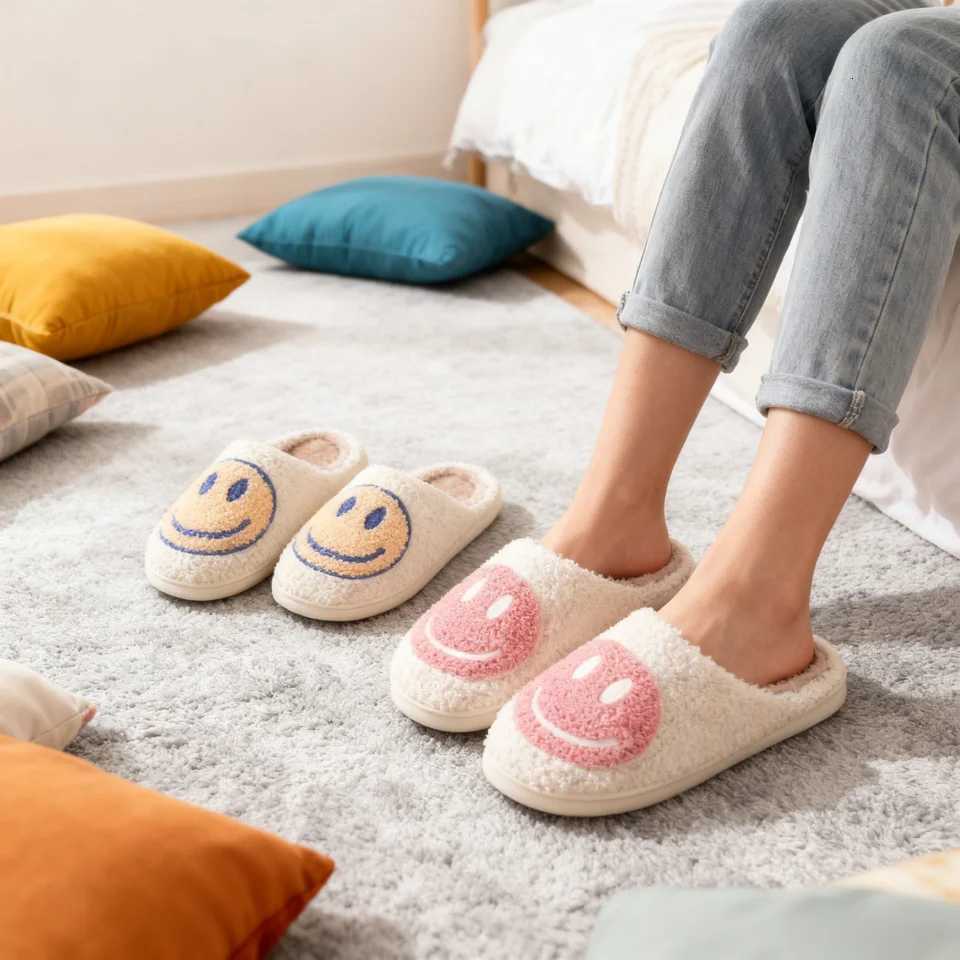 Kids Slippers Smiling Face Fluffy Winter Shoes For Children Anti-slip Thick Bottom Home Slipper Keep Warm Pink Blue Size 36-41W251121