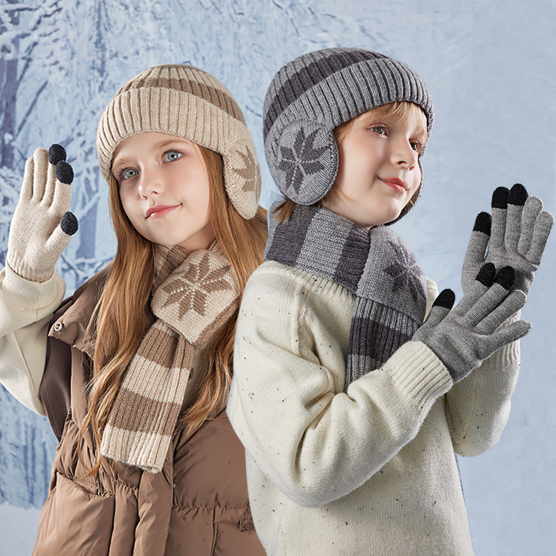 Children's Hat and Scarf GlovesSet for Boys and Girls Fleece-Lined Ear Protection Winter Warm Knitted Beanie free shipping