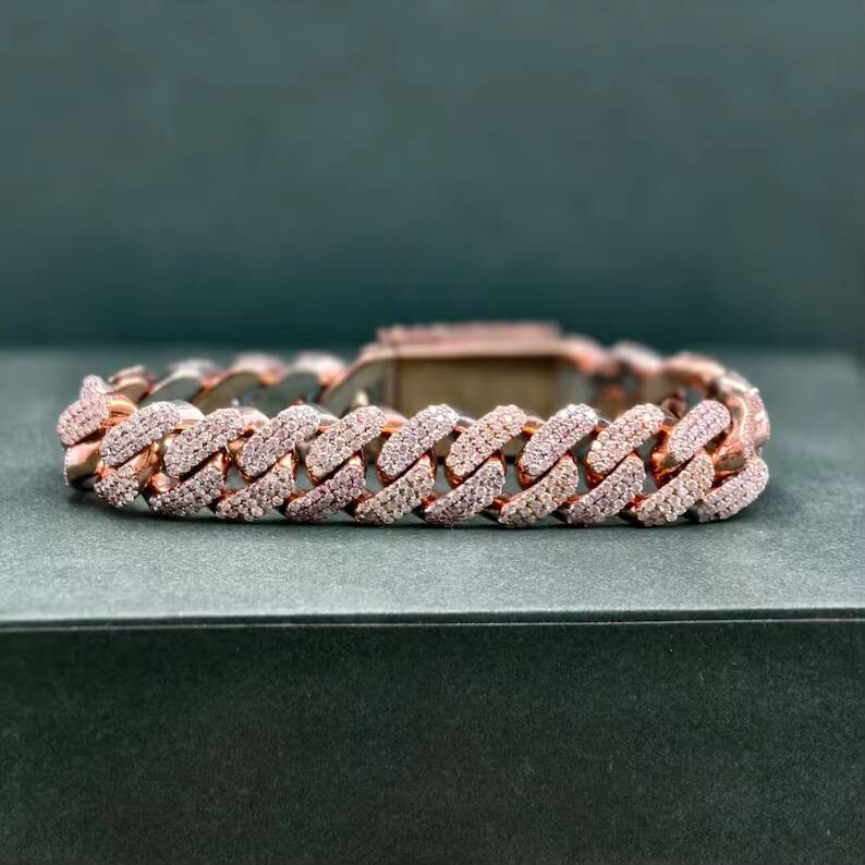 Hip Hop Jewelry 15mm Rose Gold Cuban Link Bracelet with Moissanite Stone 925 Sterling Silver Miami Cuban Link Bracelet for Men