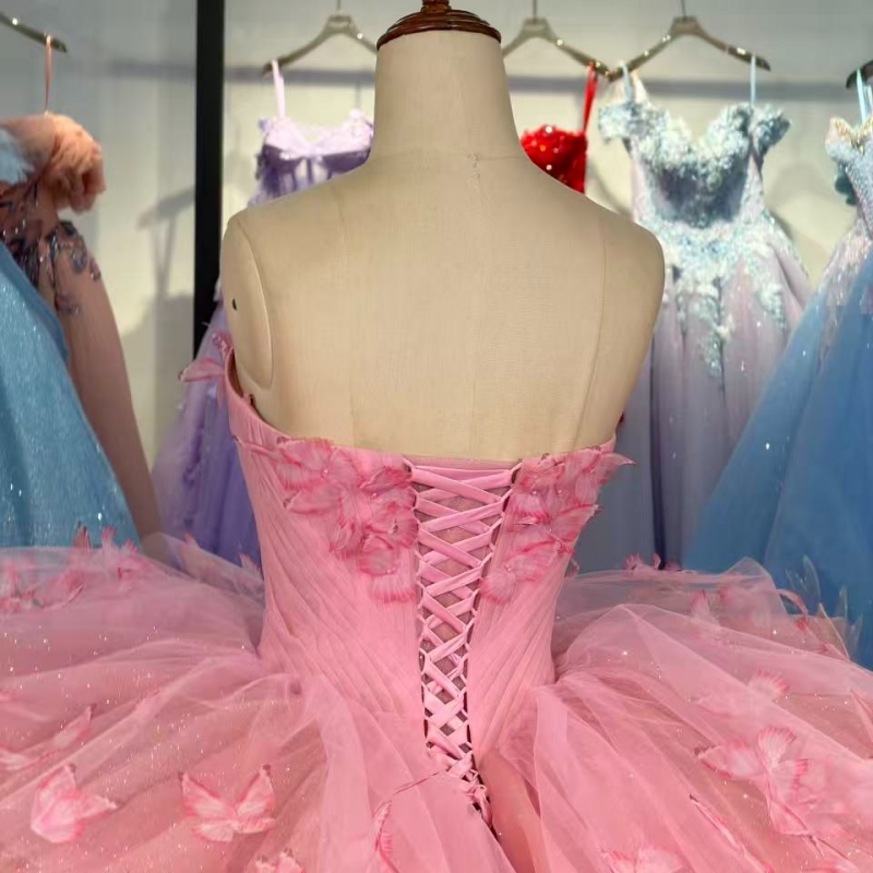 Pink Shiny Quinceanera Dresses Off The Shoulder Bow Tiered Tull Corset Party Birthday Sweet 16 Dres Vestidos 15 Anos