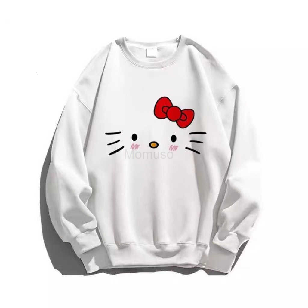 Sanrio KT Cat Long Sleeve Sweatshirt for Women Round Neck 2024 New Spring Autumn Winter Loose Fit White Hoodless Fleece-Lined Thin Top H251121