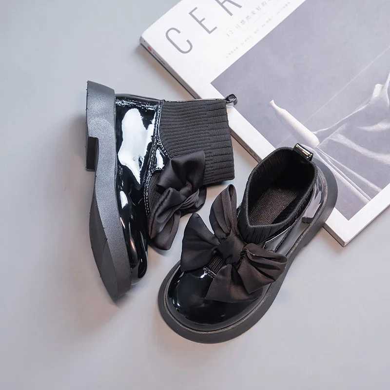 Girls Sock Boots Kids Ankle Boots Non-slip Fashion Bow Elegant Glossy UK Uniform CHIld School Shoes Casual Boots PrincessW251121