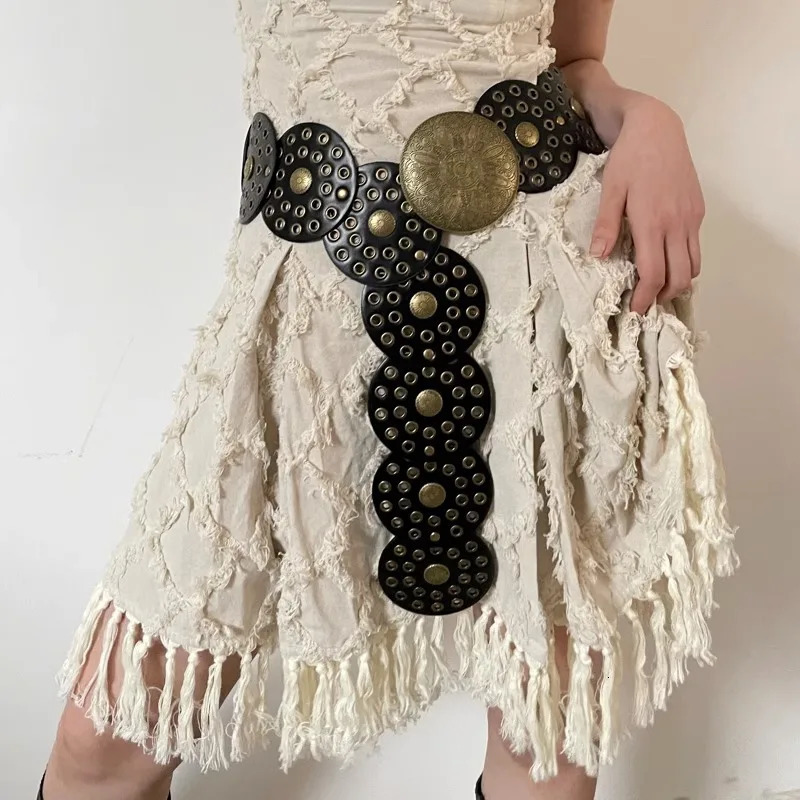 Y2K Womens Denim Western Belt Metal Hollow Ladies Trend Wide Waistband Belt for Dresses Women Round Belt Vintage 250603