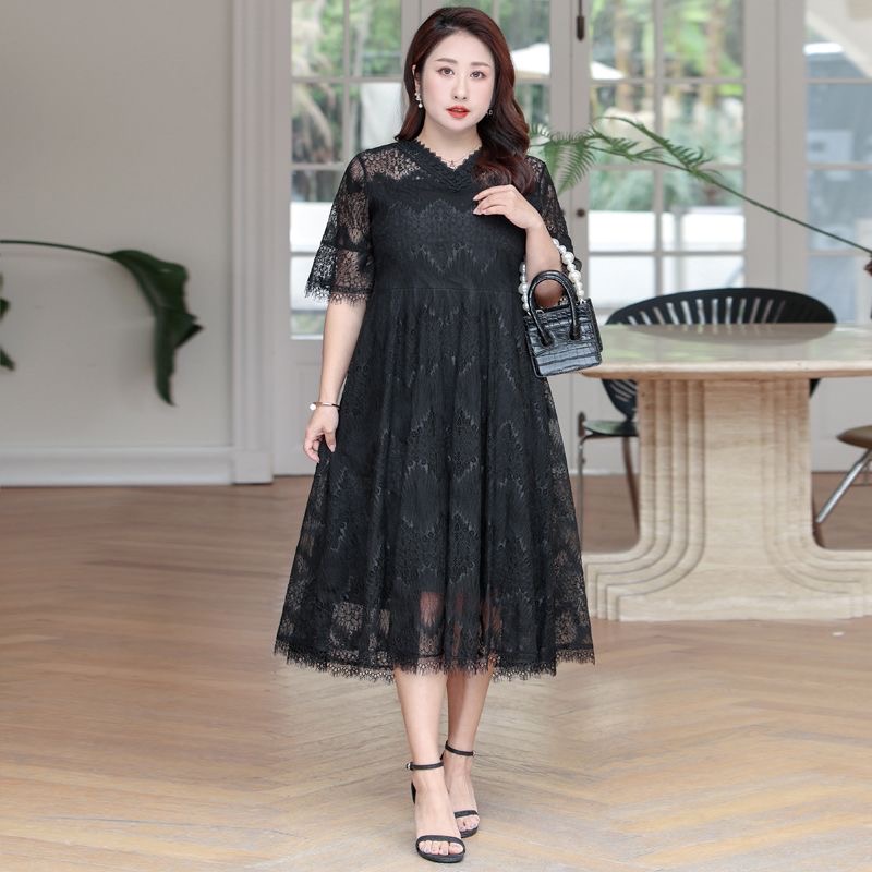 2025 Plus Size Women's Clothing Slim Lace Dress Summer Short Sleeve Bottom Dress D02281