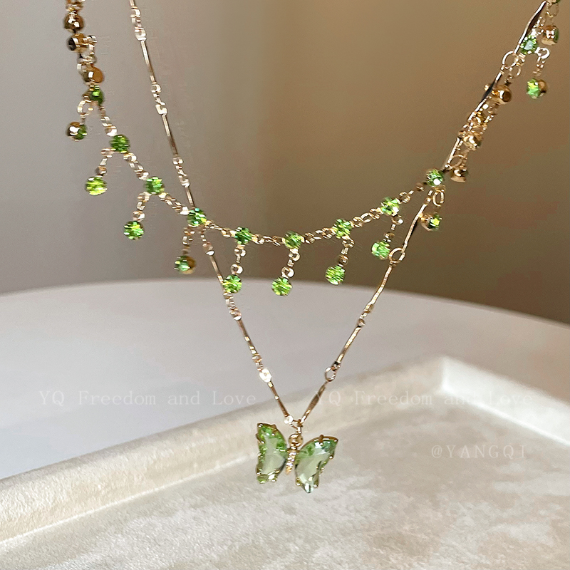 2pcs/set Summer Double Zircon Butterfly Rhinestone Clavicle Chain Tassel Shiny Choker Bridal Gold Necklace Jewelry Gift Free shipping