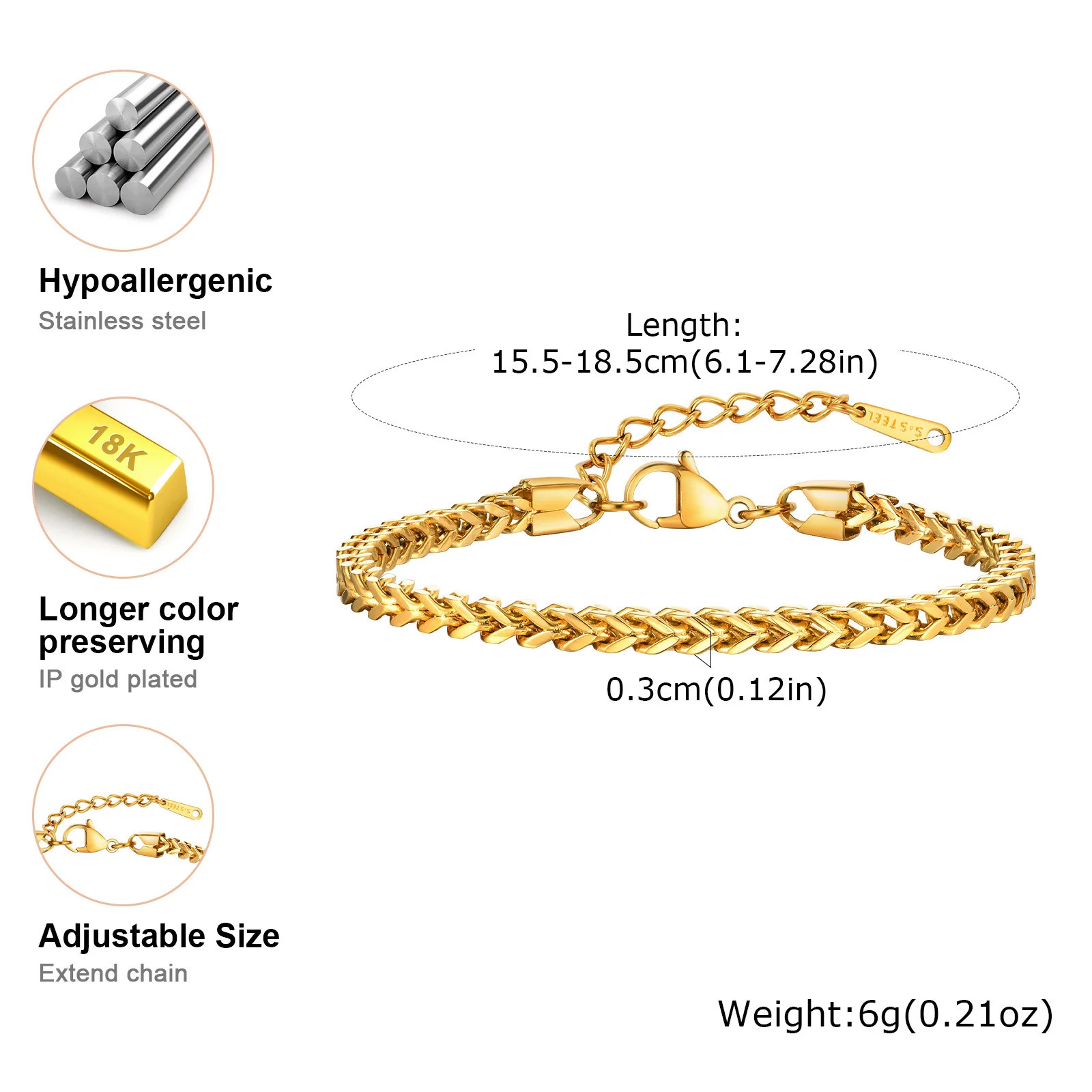 Vnox Square Bracelet For Women Girls Stainless Steel Chain Link Wristband Classic Trend Jewelry With 3cm Extend 250512