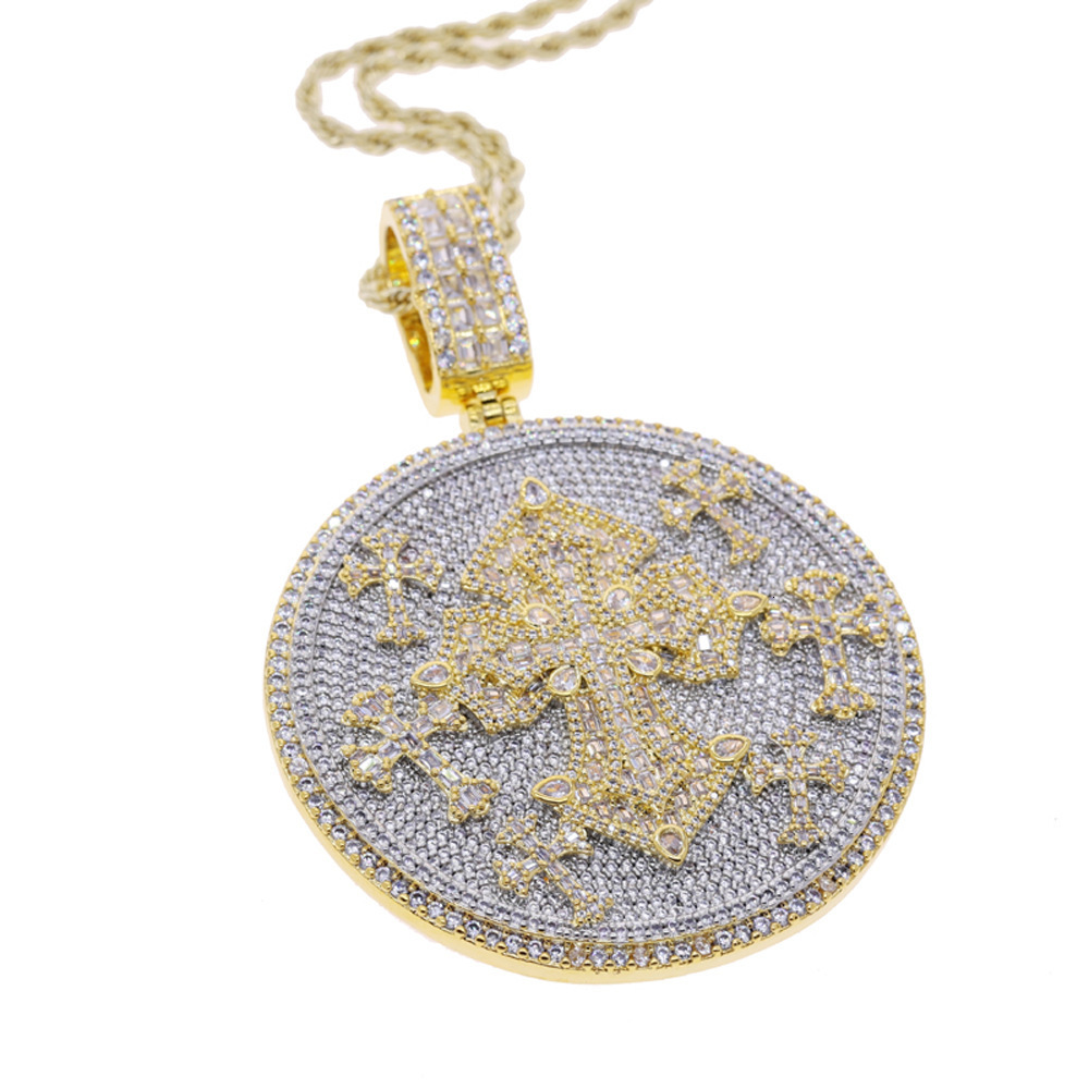 Iced Out Two Tone Color Cross Round Pendant Necklace Zircon CZ Infinity Cuban Chain Big Heavy Chunky Badge Men Hip Hop Jewelry 250920