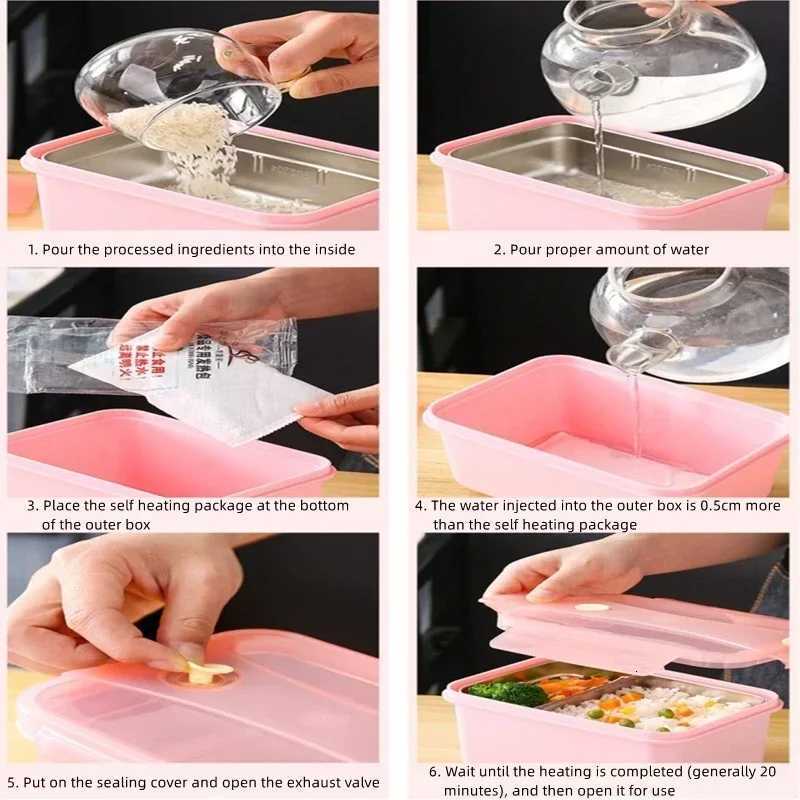 Portable Self Heating Lunch Box 304 Stainless Steel Bento Box with 3pcs Self-heating Bag for Lazy People Food Storage ContainersM251121