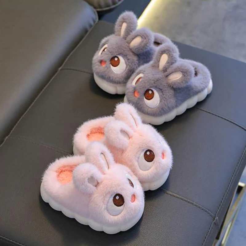 Fluffy Fur Cartoon Rabbit Cute Indoor Slippers Children 2025 Winter Warm Plush Non Slip Thick Bottom Slippers Girls Home SlidesW251121