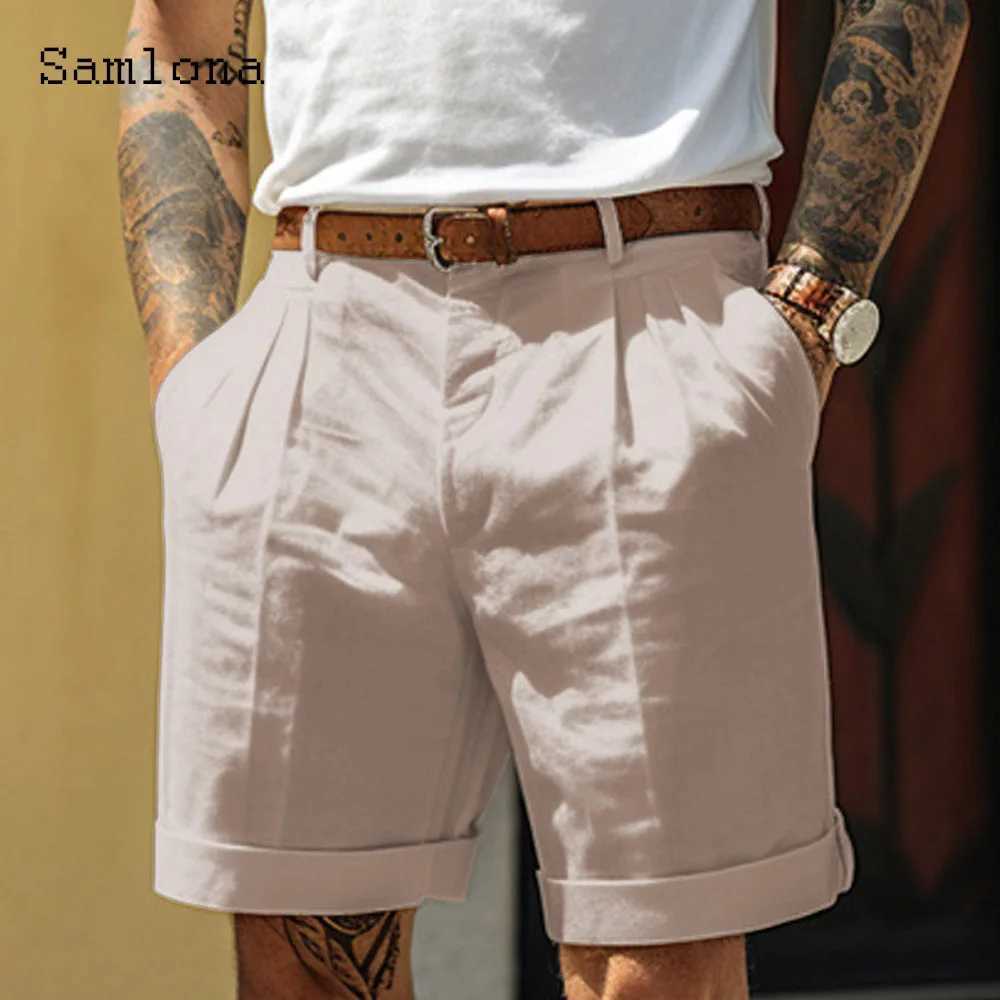 2024 American and European style casual linen beach shorts mens standing pocket classic basic shorts khaki white soft half pants new W250421