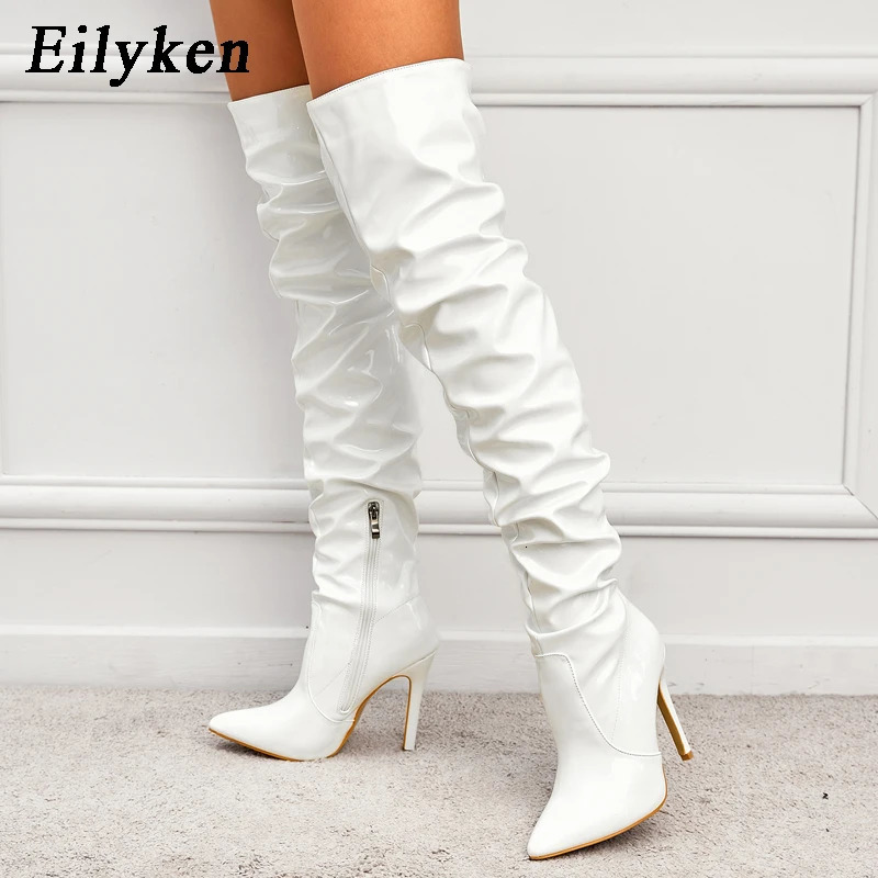 Eilyken Red Women Over The Knee Boots High Heels Patent Leather Solid Pointed Toe Stiletto Side Zipper Sapatos Femininos 251121