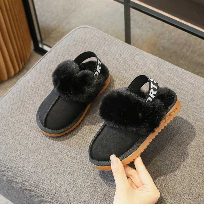 Children Toes Wrapped Plush Slippers Kids Classic Slippers Winter Anti Slip Thick Soled Girls Fur Cotton Shoes Britain StyleW251121
