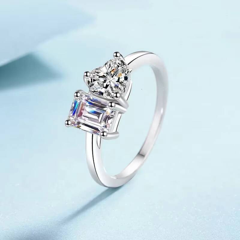 Unique Design 1CT Emerald Cut 1CT Heart Cut Engagement Promise Ring 925 Sterling Silver Moissanite Ring for Women
