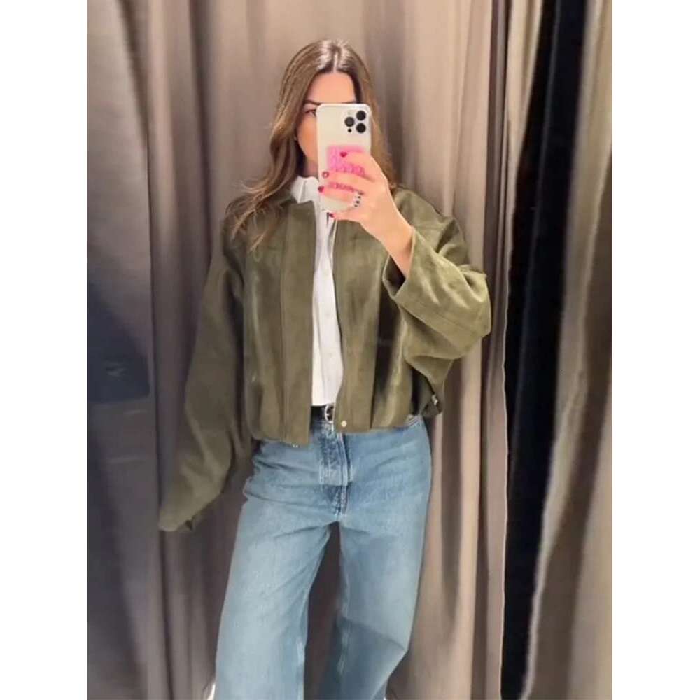 Designer Clothing Clothing Brown Green Suede Jacket Women Lapel Zipper Long Sleeve Pockets Bomber Coat 2025 Spring Autumn Lady Loose Motorcycle Outwea