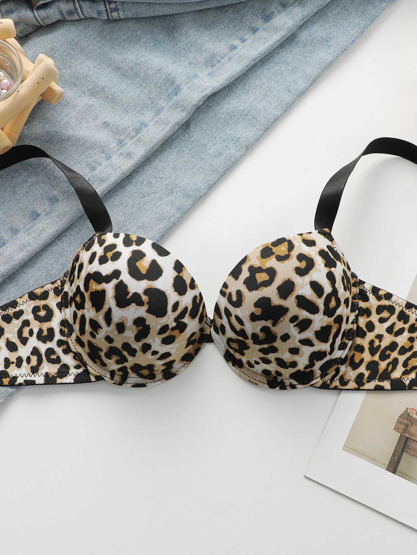 Sexy leopard print 2-piece set with gathered lifting and thickened steel port bra set for womens underwear B2051XJ251106