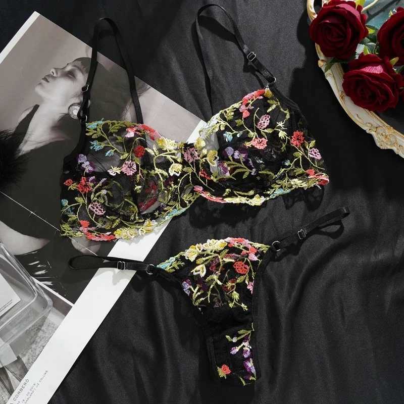 Floral Embroidery Lace Bras Set Women Sheer 2-Piece Sexy Bra Panties Lingerie Fashion Underwear Set IntimatesXJ251106