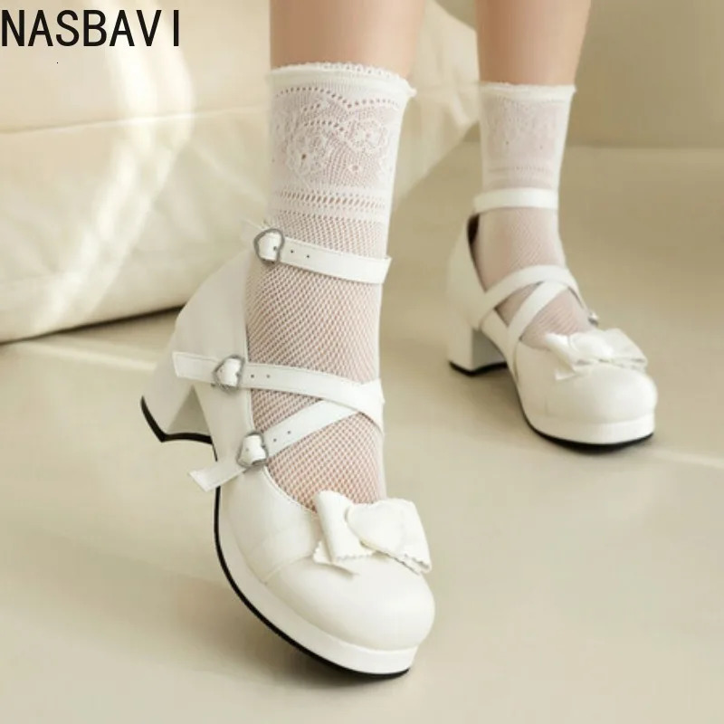 NASBAVI Sweet Cross Buckles Lolita Pumps for Ladies Block High Heels Platform Wedding Party Mary Janes Shoes Women Pink Red 251121