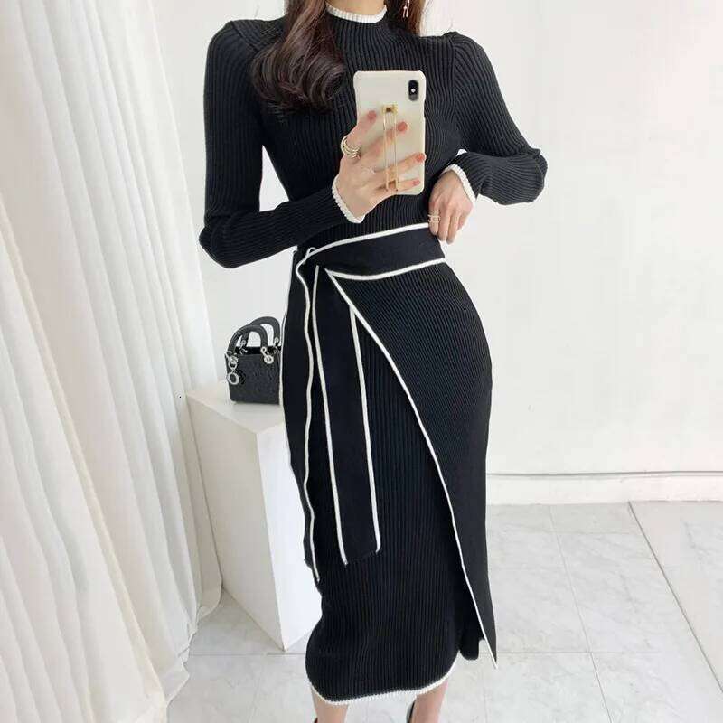 Elegant Lace Up Turtleneck Knitted Long Korean Fashion Khaki Black Rib Bandage Bodycon Sweater Dress Robe Femme