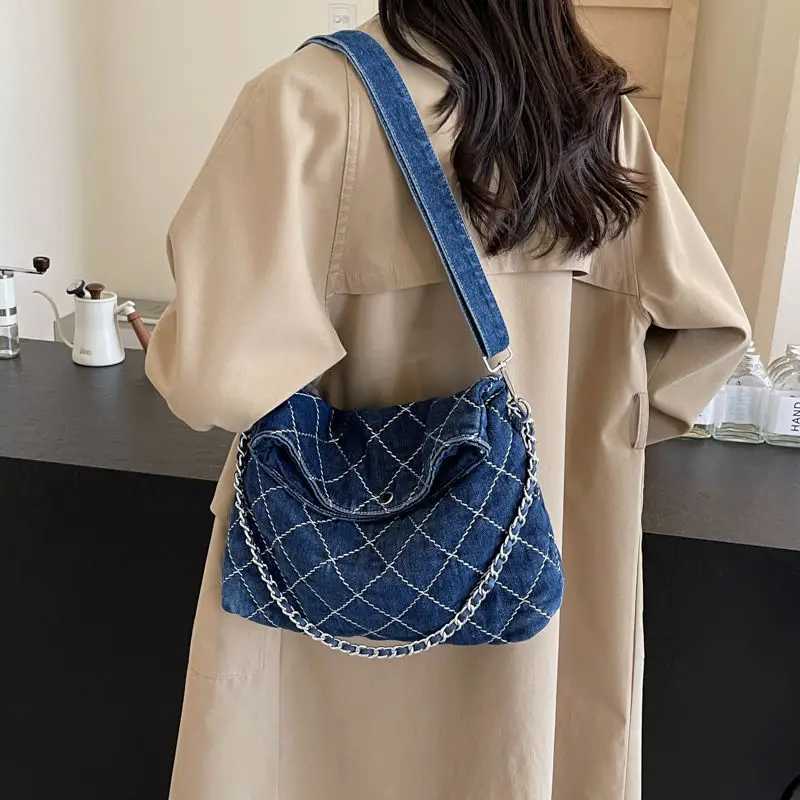 Wed Denim Tote Bag Wen Diamd Chain Harajuku Shoder Bag Ladies Stihing Large Capacity Casual Daily Underarm Bags Y251121