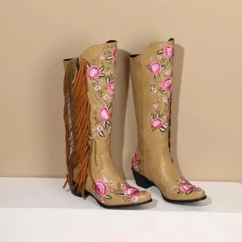 Cowboy Boots for Women Fringe Embroidery Flower Sweet Western Cowgirls Roman Block High Heeled Shoes Autumn 251121