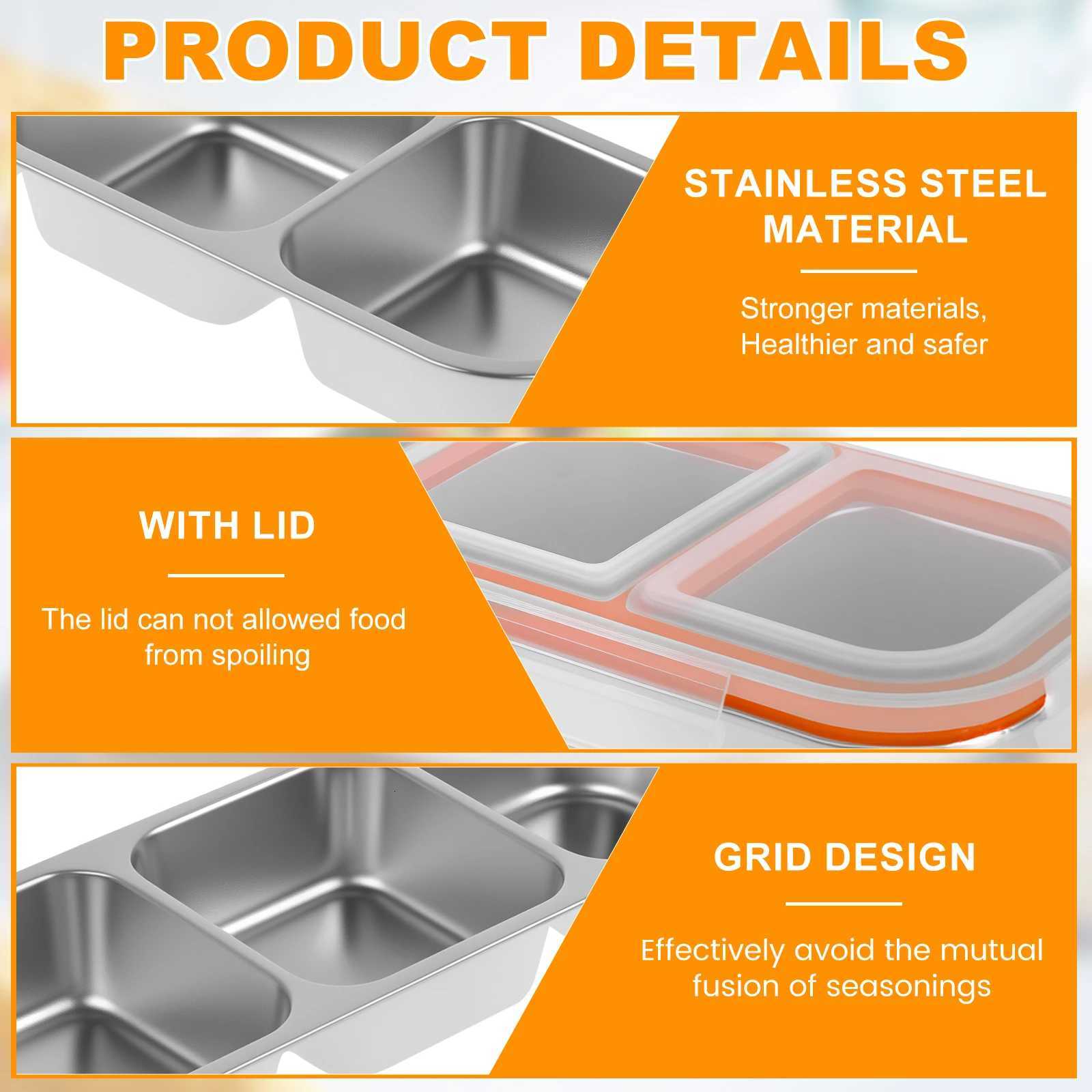 4/2Pcs Stainless Steel Snack Container with Lid 2 Grids Lunchbox Food Storage Container Camping Seasoning Container Bento BoxM251121