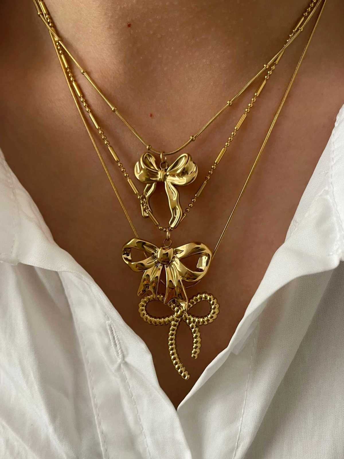 Perisbox Classic Elegant Gold Plated Thin Chain Bow Knot Pendant Necklaces for Women Stainless Steel Waterproof Summer JewelryXJ251121