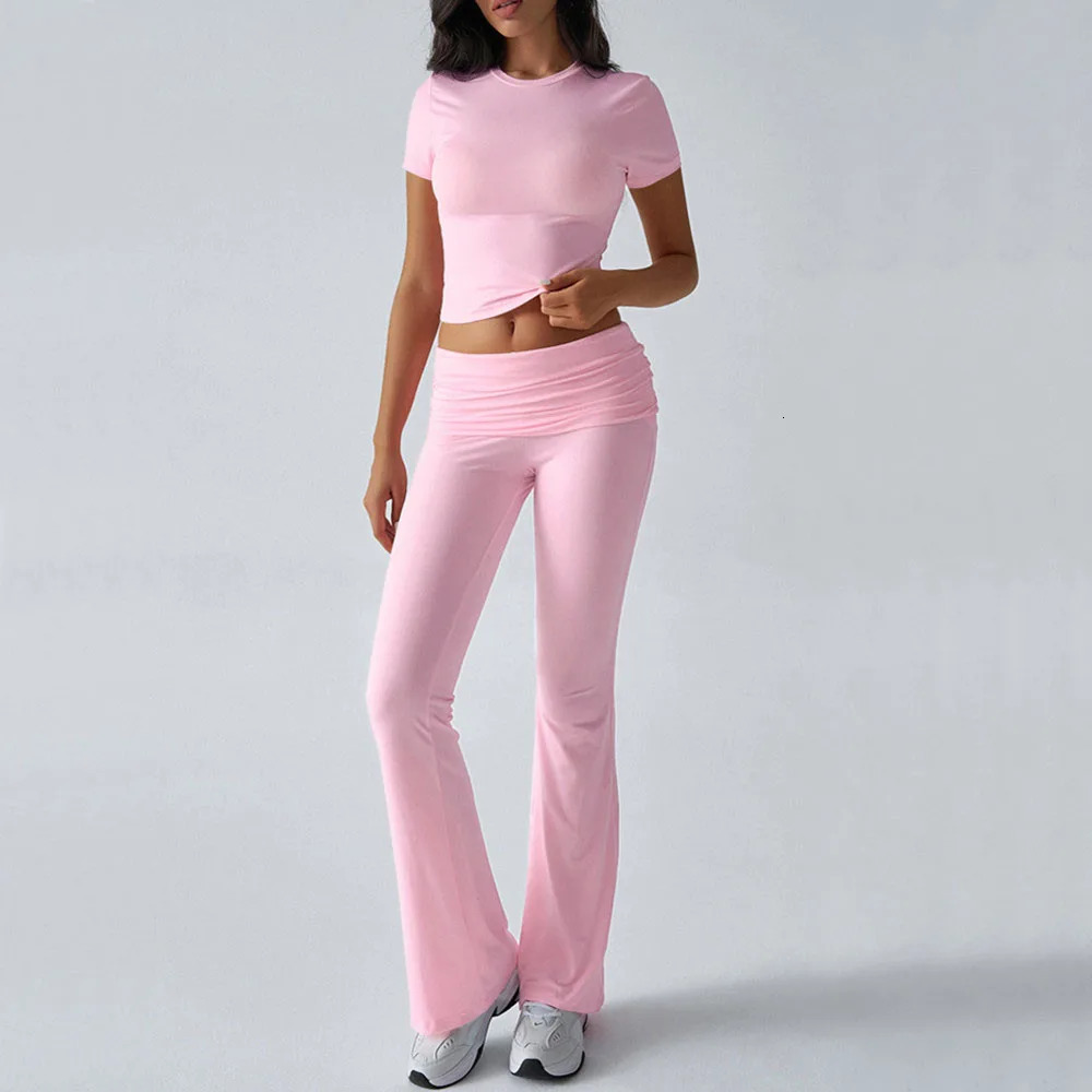 Foldable 2PCS Yoga Set Women Short Sleeve Crop Top Slim Fit High Waist Flare Leggings Fitness Suit Workout Gym Running Tracksuit 251114