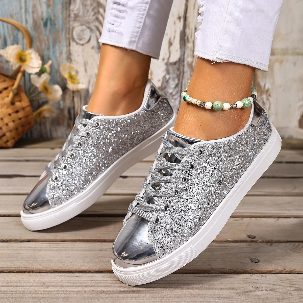 Women Sneakers Bling Golden Shoes Casual Female Breathable Lace Up Outdoor Sport Vulcanize Zapatos De Mujer 251121