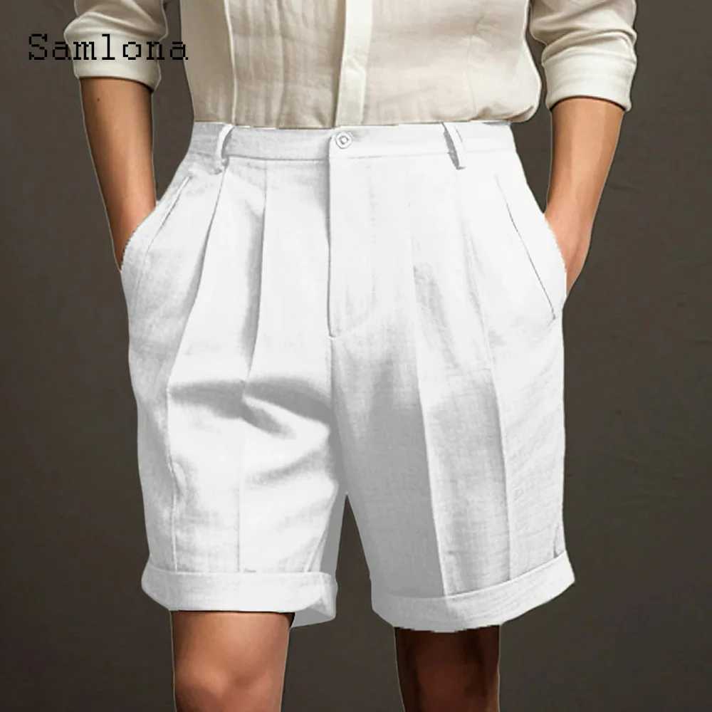 2024 American and European style casual linen beach shorts mens standing pocket classic basic shorts khaki white soft half pants new W250421