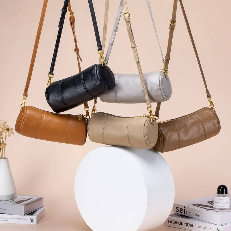 Women Genuine Leather Shoulder Cydrical Cowhide Crossbody Bag Large Capacity Lipstick Key Phone Pouch Case For Fem